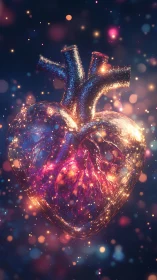 Glowing anatomical heart with sparkling cosmic details.