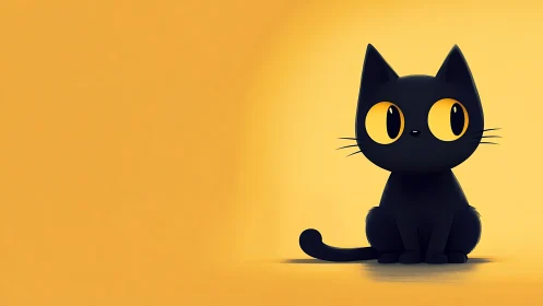 Black cat with yellow eyes on yellow gradient background.