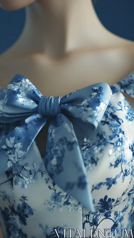 Close-up of blue floral bow on patterned garment neckline.