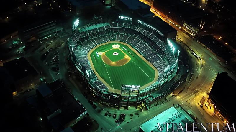 Empty night stadium hums softly under emerald floodlights