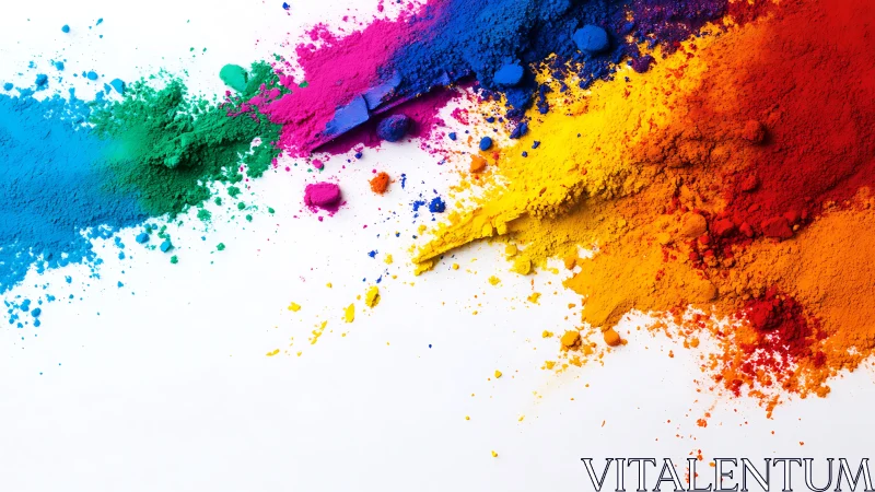 Exploding spectrum of powdered pigments on white backdrop.