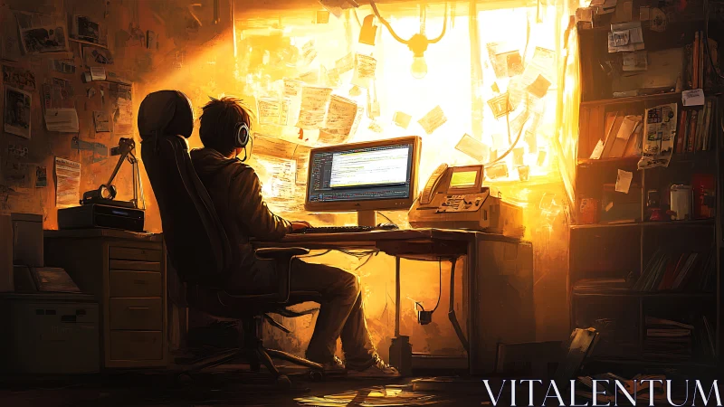 Golden hour coder at a glowing, paper-strewn workspace.