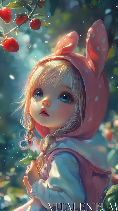 Child in pink hood gazes toward glowing garden berries.