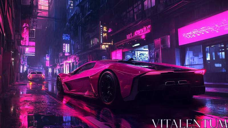 Futuristic supercar in neon lit rainy cyberpunk street scene.