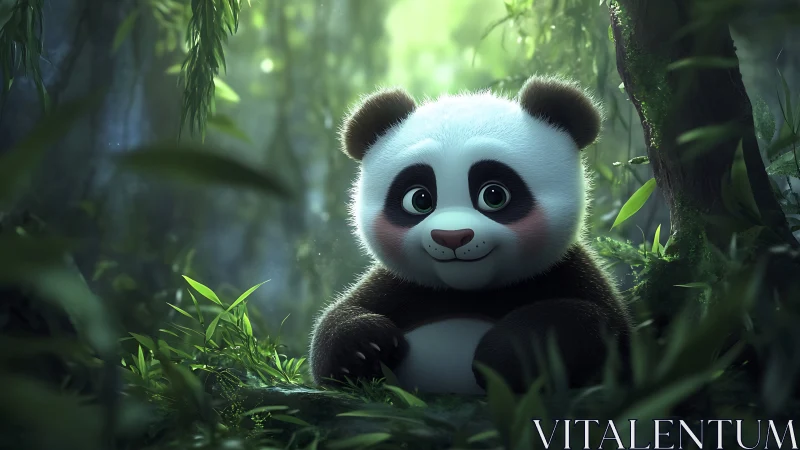Cute baby panda rests in lush misty bamboo forest