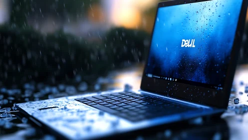 Water resistant laptop outdoors in heavy rain exposure.