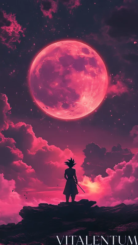 Warrior silhouette facing huge pink moon and clouds.