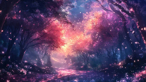Enchanted twilight forest path glowing with gentle magic.