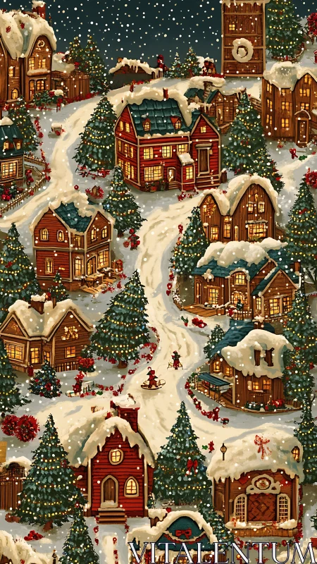 Digital painting of snow-covered Christmas village street scene.