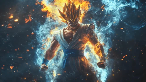 Fiery anime warrior framed by dual elemental energy streams