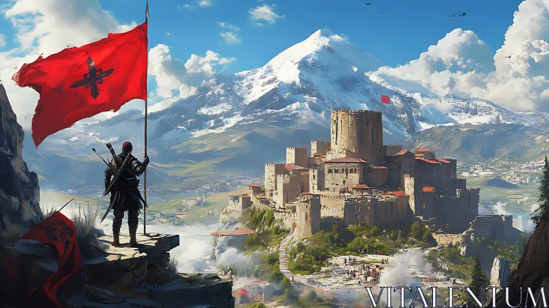 Warrior overlooking fortified mountain citadel landscape.