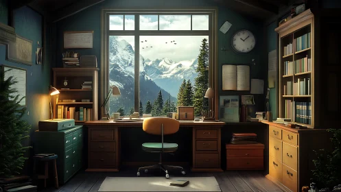 Mountain-view study interior with warm cinematic lighting.