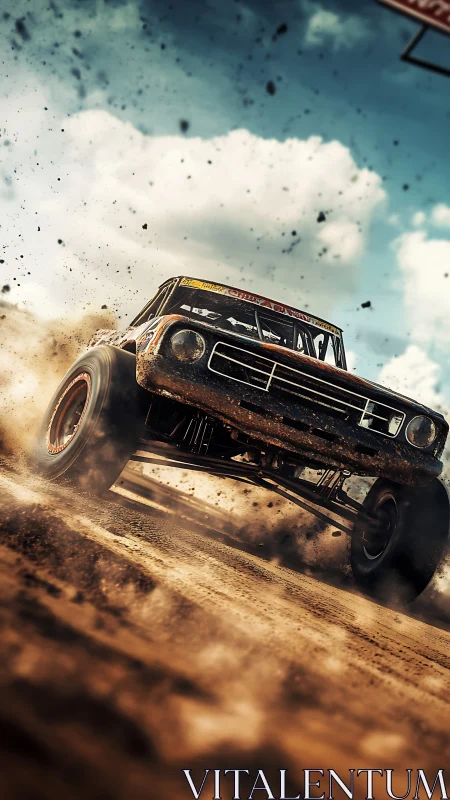 Off-road racing truck blasting through flying desert grit.