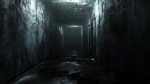 Desolate wet corridor in decayed concrete complex at night.