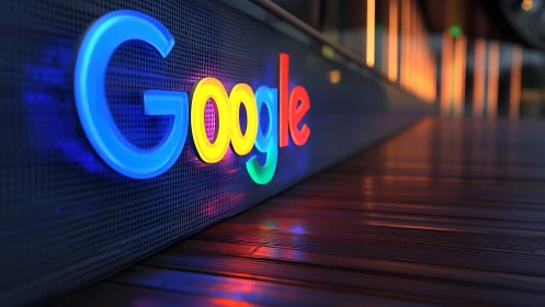 Illuminated Google logotype with shallow depth of field rendering.