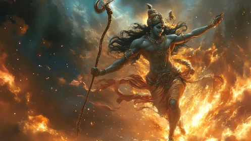 Mythic warrior deity strides through infernal storm in motion