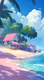 Tropical Beach Residential Scene: Digital Painting With Vibrant Chromatic Palette