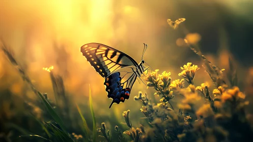 Macro butterfly study in golden backlit meadow environment.