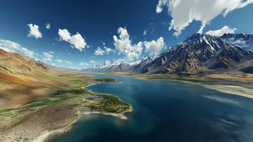 Mountain lake with snow peaks and semi-arid shoreline.