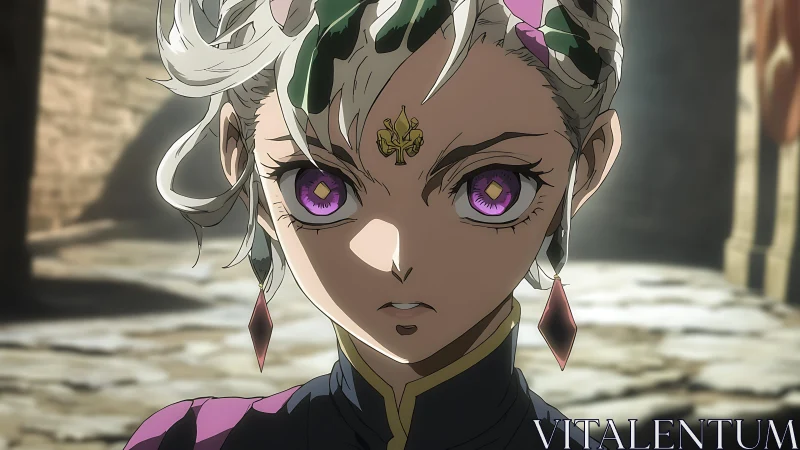 Determined fantasy heroine with violet eyes in stone courtyard