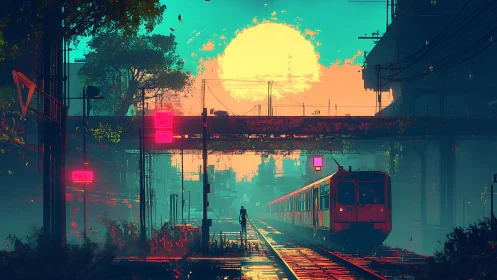 Urban rail corridor extends toward low sun with lone figure