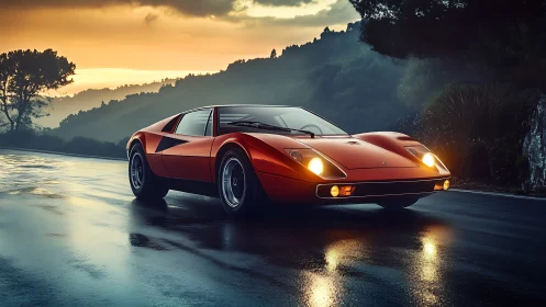 Sunset drive with a classic red sports car on wet roads.