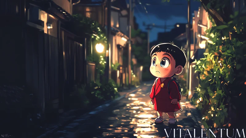 Little child in red coat walking through glowing night alley