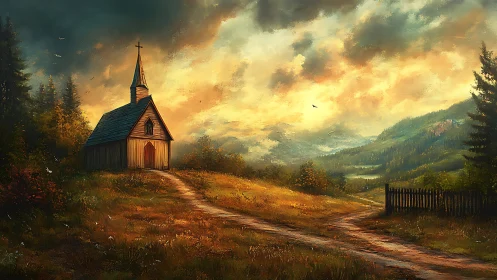 Sunlit chapel watches a storm-touched mountain valley sky.
