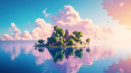 Floating island sanctuary with castle ruins amid tranquil waters.