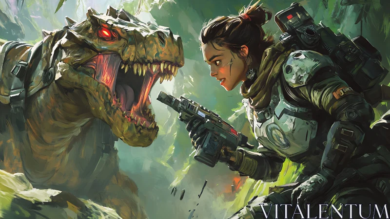 Brave space ranger faces roaring cyber dinosaur in jungle.