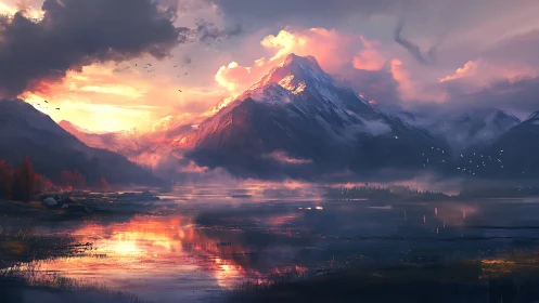 Sunlit mountain lake wrapped in soft clouds and quiet light.