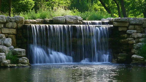 Stone garden waterfall curtain whispering in green light.