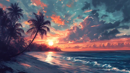 Flamingo-sky sunset draping palmed shores in liquid fire.