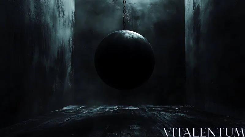 Dark suspended wrecking ball in an empty metal room.