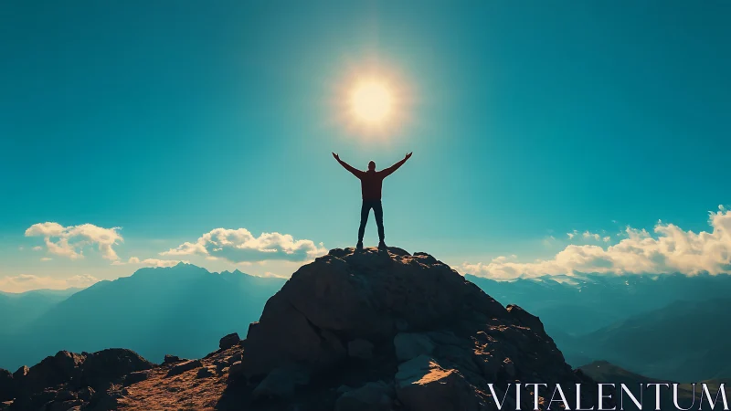 Silhouette hiker claims sunlit summit under vivid teal sky.