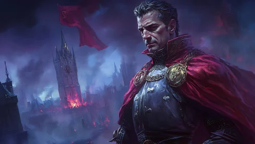 Armored commander before burning fortress at night.