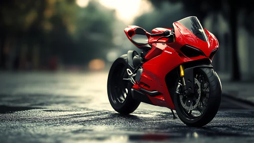 Scarlet superbike waits like coiled thunder on wet street