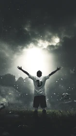 Backlit soccer player exults under stormy stadium spotlight