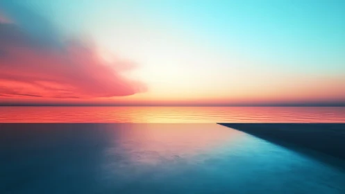 Sunset horizon merges ocean reflections with pastel sky.