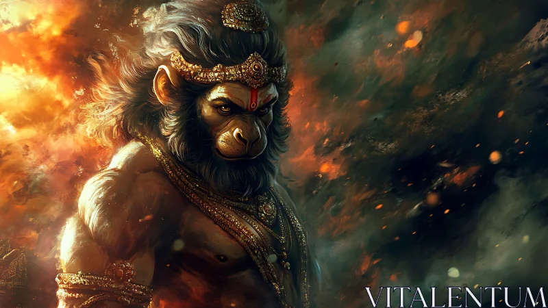 Mythic warrior ape rendered in high-contrast fiery digital painting