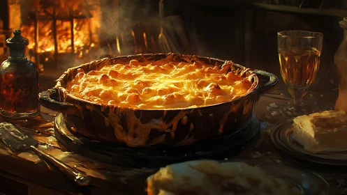 Golden hearth pie crackles warmly in firelit kitchen