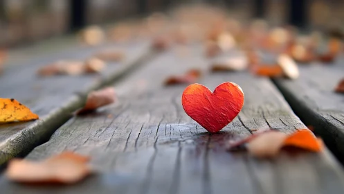 Red heart-form object positioned on weathered wooden surface planks.