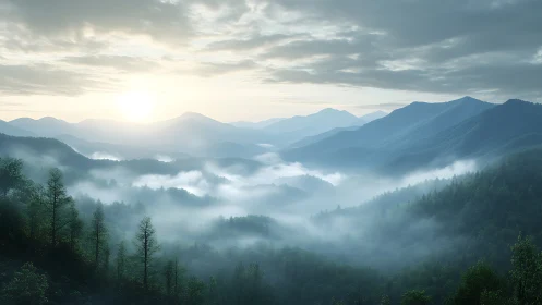 Photorealistic misted mountain valley at sunrise panorama.