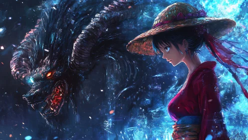 Calm wanderer in red walking beside a blazing spirit beast.