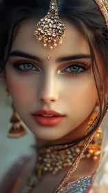Bridal portrait shows jeweled headpiece and luminous eyes in focus