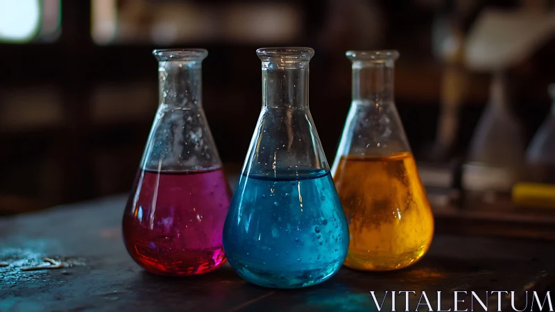 Colored Erlenmeyer flasks align on lab bench under shallow depth