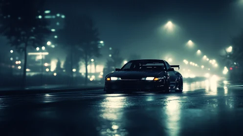 Dark sports car is positioned on wet urban street at night