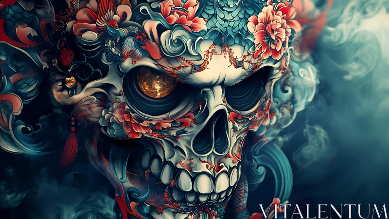 Ornate flaming skull with floral baroque tribal detailing.