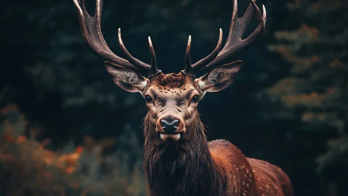 Majestic stag portrait in moody forest bokeh lighting.