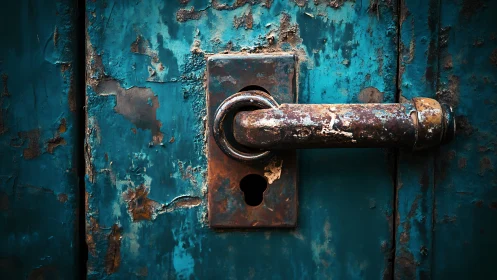 Rusty metal door handle reveals weathered urban character
